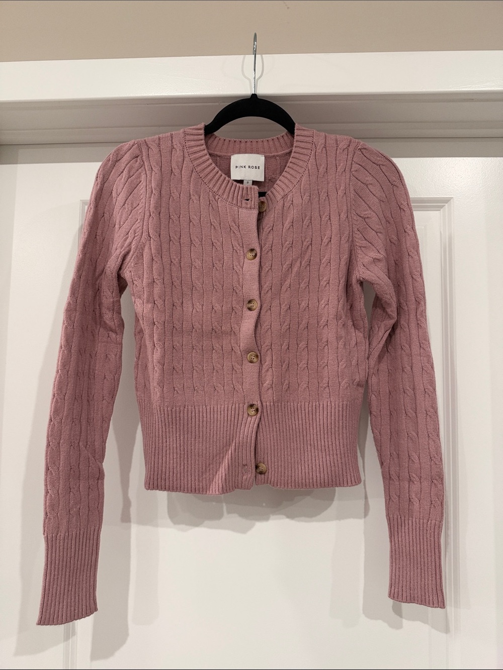 Pink Rose Mauve Cable-Knit Button Cardigan